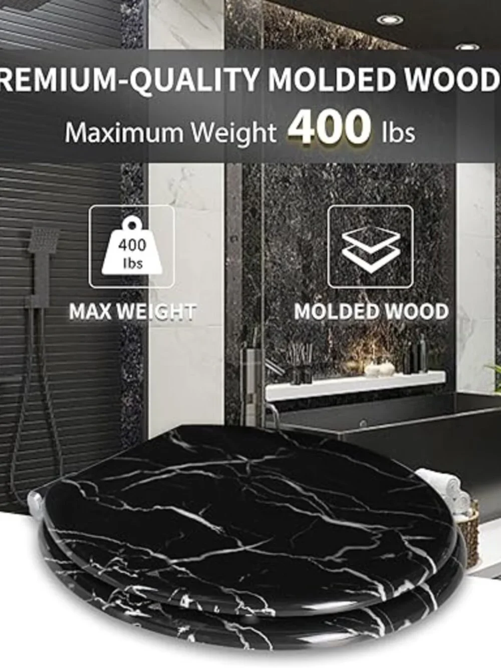 Angel Shield Black Marble Round Toilet Seat Quiet Close Quick Release Easy Clean